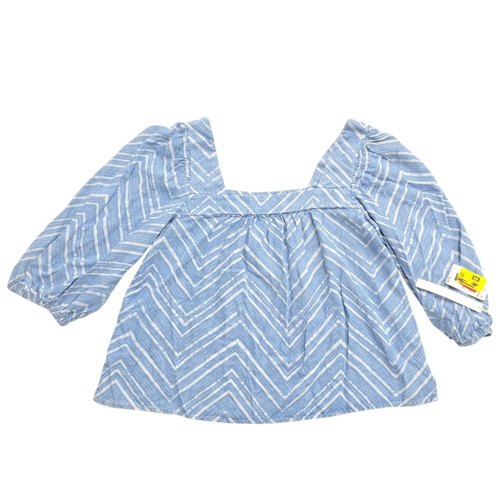 Caslon Womens Blue White Chevron Square Neck Puff Sleeve Lyocell Blouse Med NWT